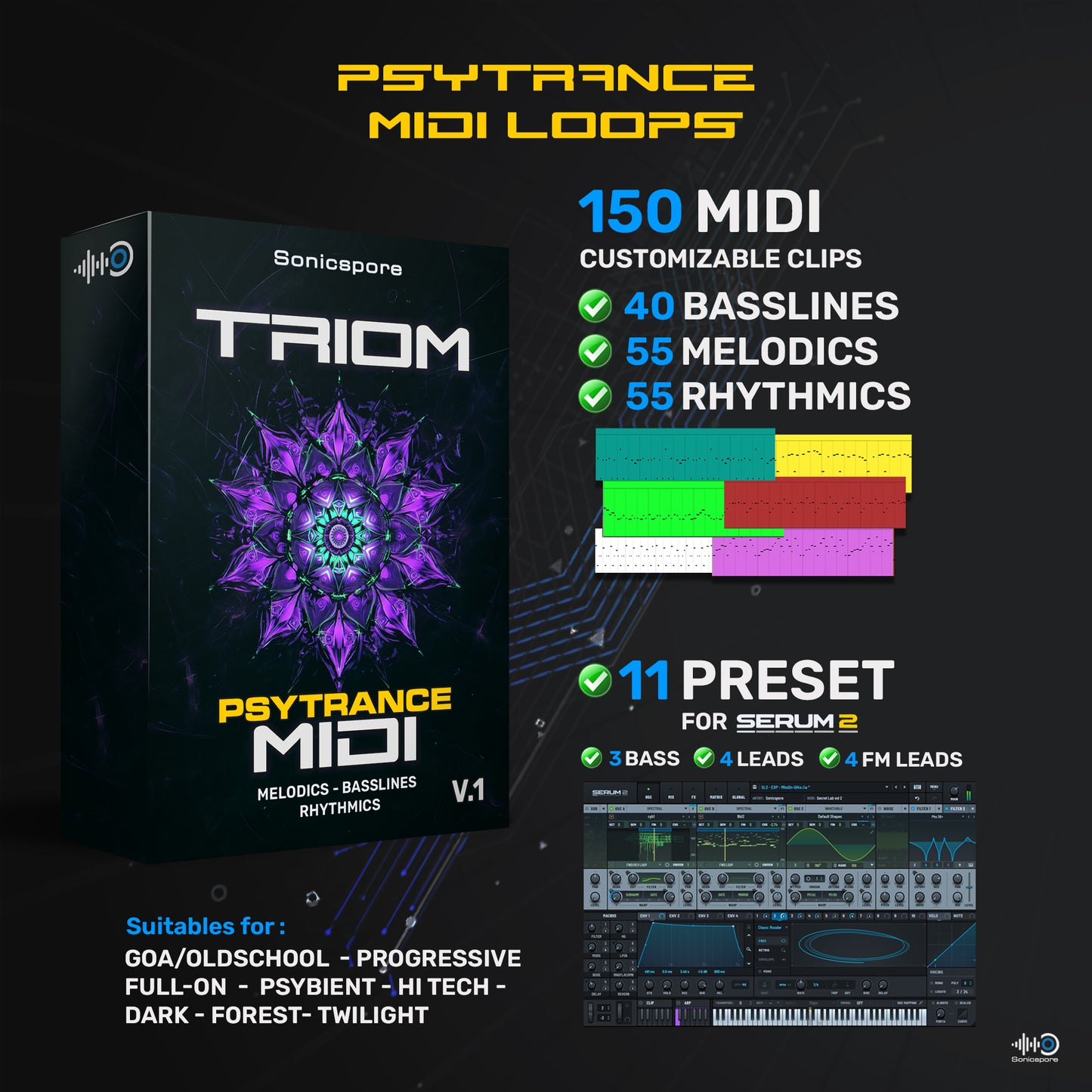content of the TRIOM Psytrance MIDI pack: 150 customizable MIDI clips (40 basslines, 55 melodies, 55 rhythms) and 11 Serum presets for psytrance genres.