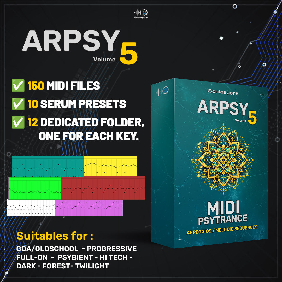 Arpsy 5 Sonicspore 150 Psytrance MIDI Arpeggios and 10 Serum Presets Collection Pack