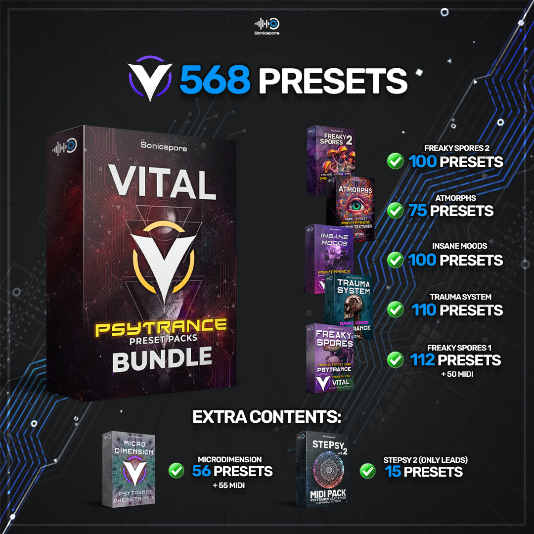 Vital synth Psytrance Bundle – Complete pack with 568 presets for Vital VST. Includes 6 premium psytrance soundbanks
sonicspore