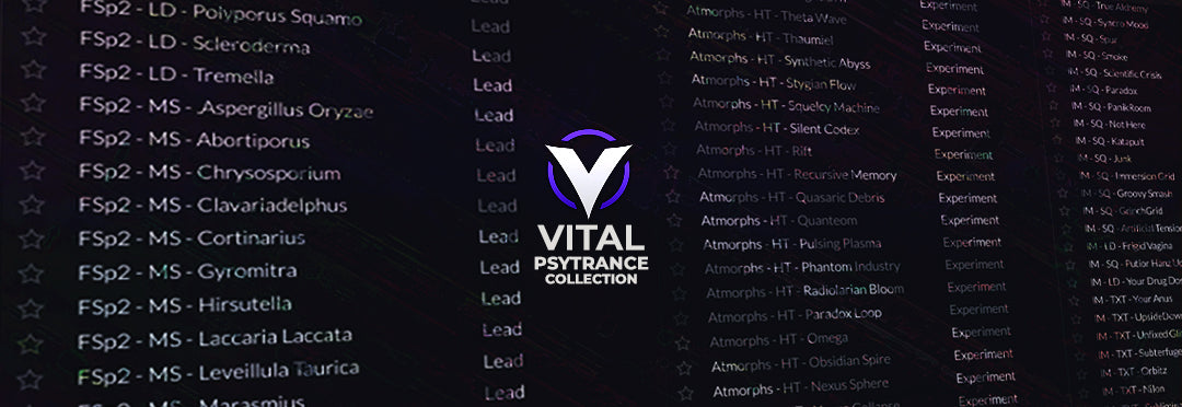 Vital Psytrance Presets Collection – Full preset list view with categorized leads, atmospheres, and experimental sounds for professional music production.