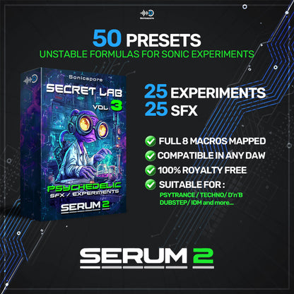 Secret Lab Vol.3 Serum 2 preset pack by Sonicspore with 50 experimental presets including 25 SFX and 25 experiments
