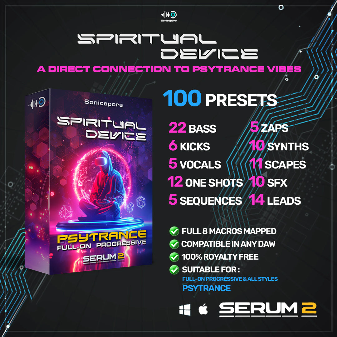Serum 2 psytrance preset pack showing 100 presets for full-on and progressive psytrance, with bass, kicks, synths, FX, macros and compatibility with any DAW.