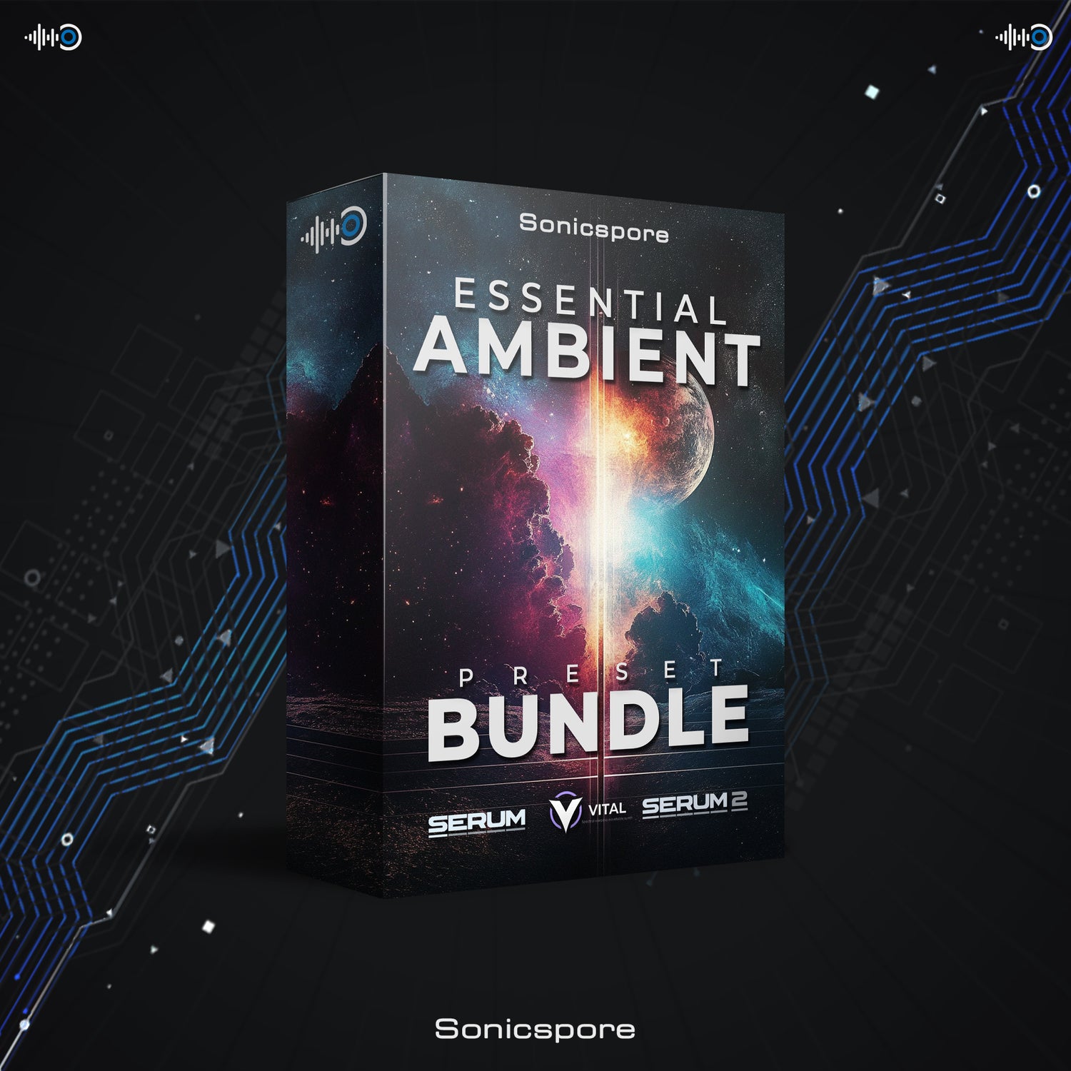 Box cover of Essential Ambient Preset Bundle by Sonicspore – includes 469 royalty-free presets for Serum 2 and Vital VST. Perfect for ambient music, chill atmospheres, cinematic sound design, synth pads, deep drones, and space ambient soundbanks.

