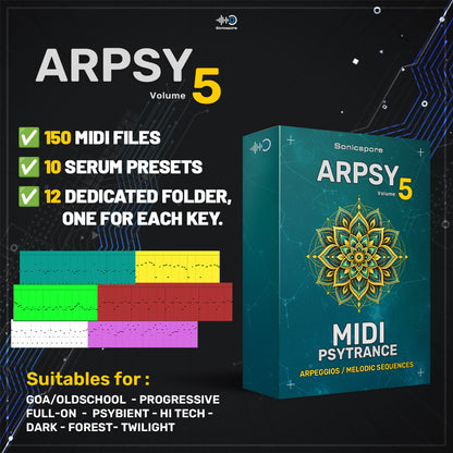 Arpsy 5 Sonicspore 150 Psytrance MIDI Arpeggios and 10 Serum Presets Collection Pack