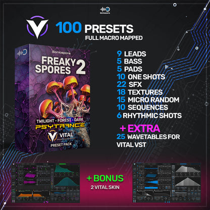 Freaky Spores 2 - Psytrance Preset Pack for Vital VST | Contents: 100 Presets, 25 Wavetables, 2 Vital Skins | Bass, Leads, FX & More