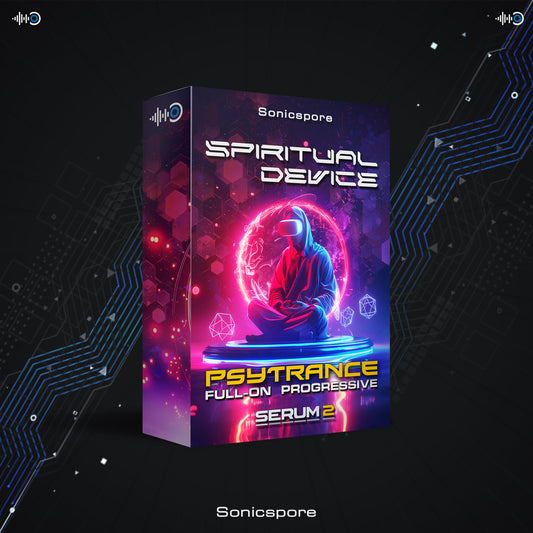 3D box cover of a Serum 2 psytrance preset pack for full-on and progressive psytrance, showing the Spiritual Device soundbank artwork and product packaging.
