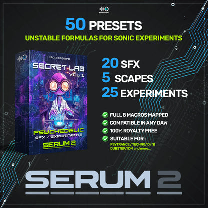 Secret Lab Vol.1 – 50 psychedelic Serum 2 presets for electronic music production, including SFX, experiments, and soundscapes. Royalty-free.