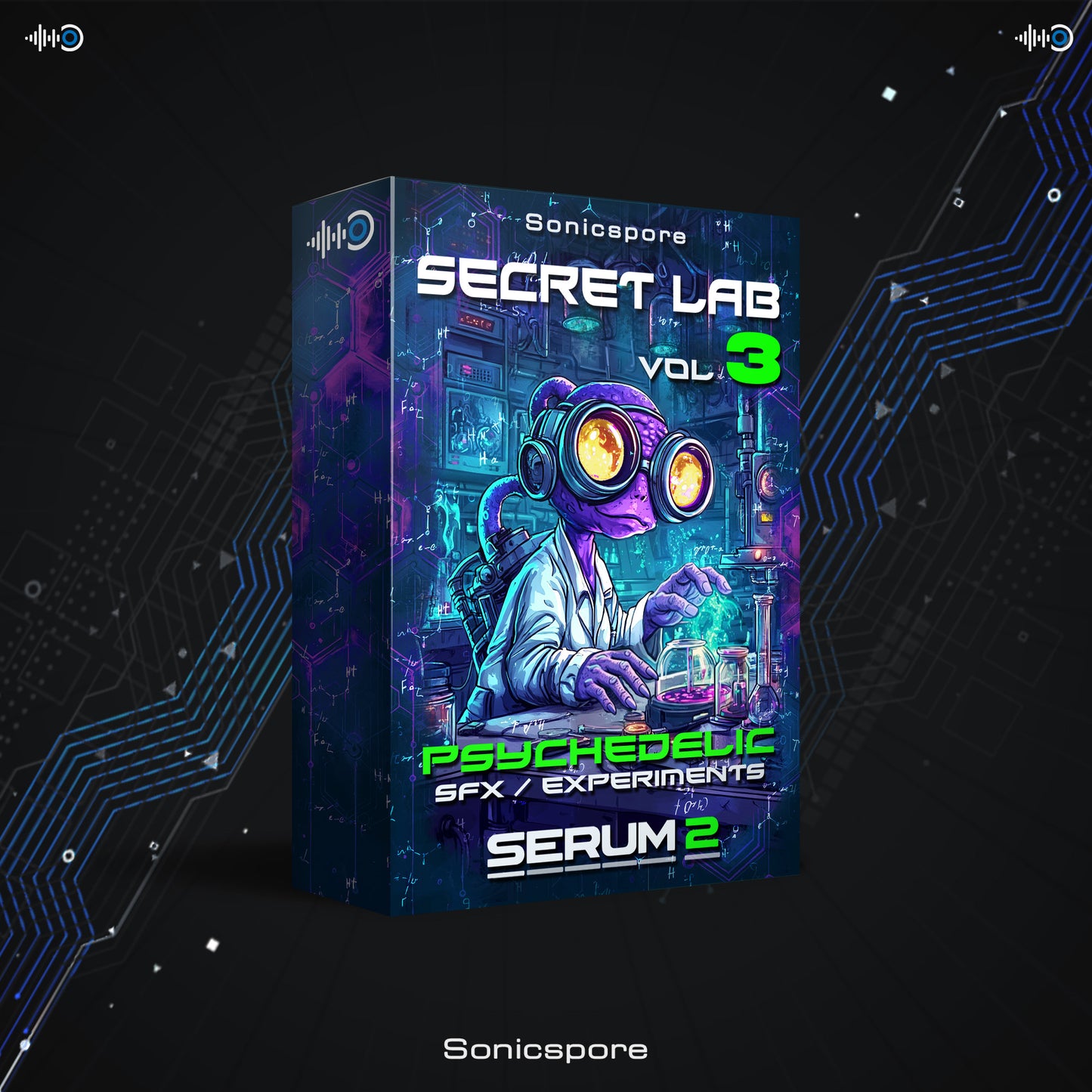Secret Lab Vol.3 Serum 2 preset pack cover by Sonicspore featuring psychedelic SFX and experimental sound design