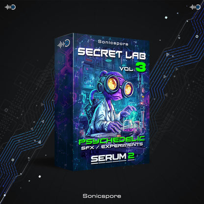 Secret Lab Vol.3 Serum 2 preset pack cover by Sonicspore featuring psychedelic SFX and experimental sound design